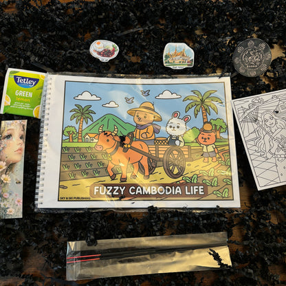 Khmer Set Fuzzy Cambodia Life Bold and Easy Colouring Book, Card + Sticker Set